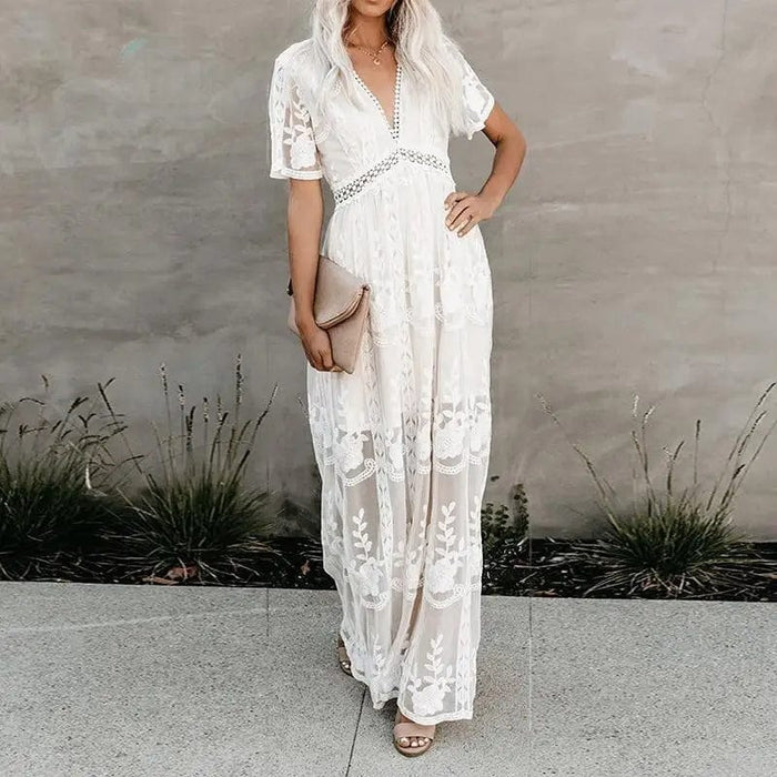 lewwallacewatercolors Dress, Maxi Dress White Lace Short Sleeve Boho Maxi Dress White / S