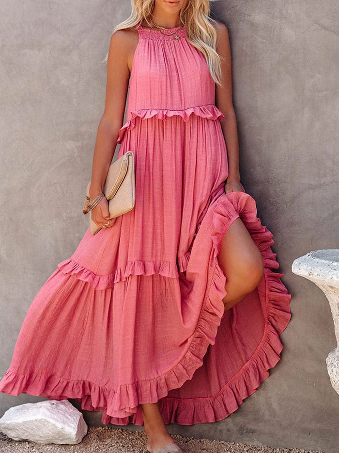 lewwallacewatercolors Boho Dress, Beach Dress, Summer Dress, Maxi Dress, Chic Dress, Long Dress, Below knee dress, Sun Dress Boho Ruffle Pullover Summer Maxi Dress Pink / S